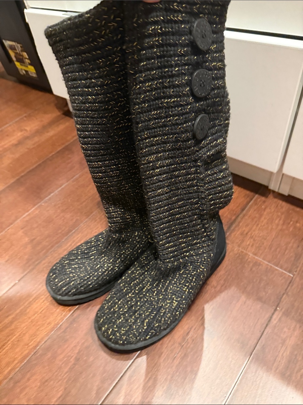 UGG Black Knit-Trim Mid-Calf Boots with Gold Threading